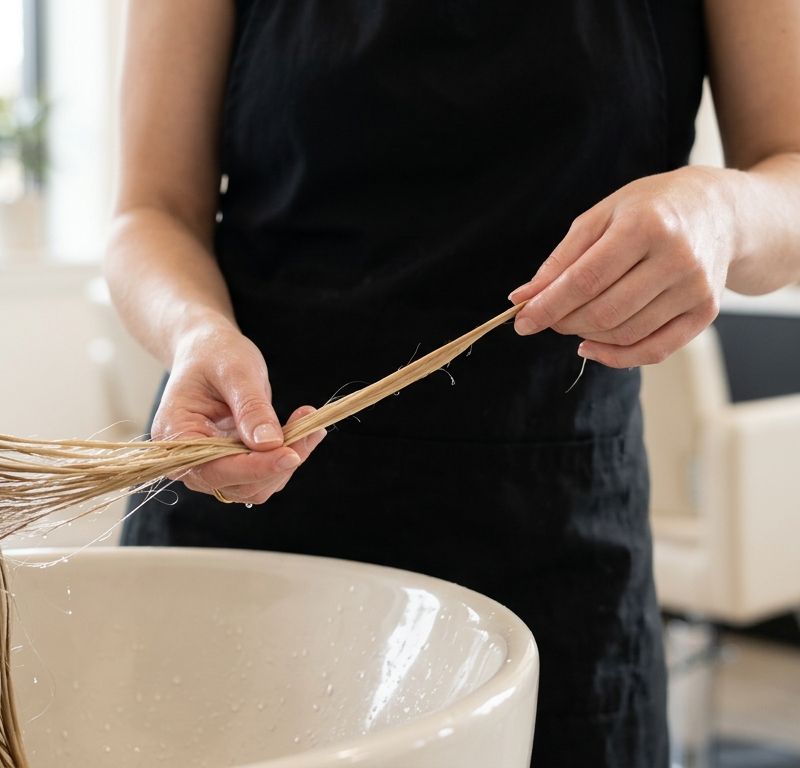 Colorista profesional evaluando por zonas el estado del cabello antes de una sesión de coloración postverano