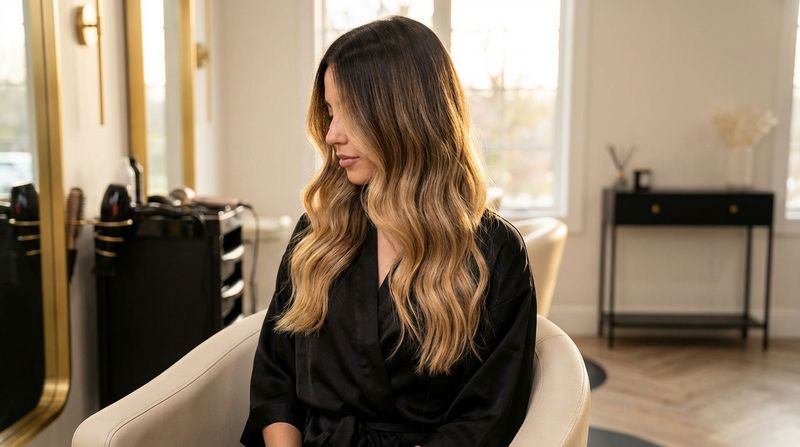 Mujer con balayage de morena a rubia miel, mechas doradas naturales fundiéndose desde raíces oscuras, resultado profesional de salón con iluminación cálida