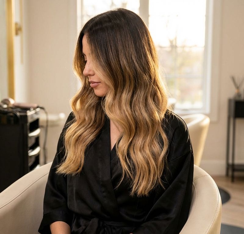 Mujer con balayage de morena a rubia miel, mechas doradas naturales fundiéndose desde raíces oscuras, resultado profesional de salón con iluminación cálida