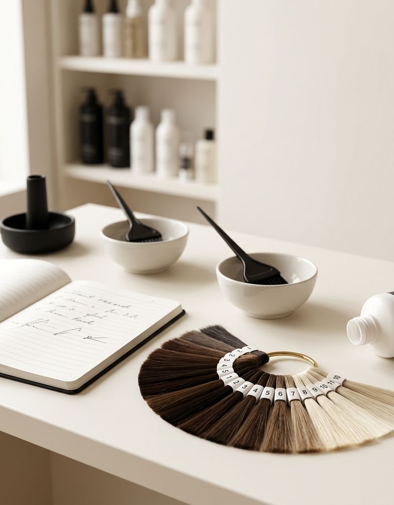 Salon consultation table with hair level swatches, open client record and natural light, no people present