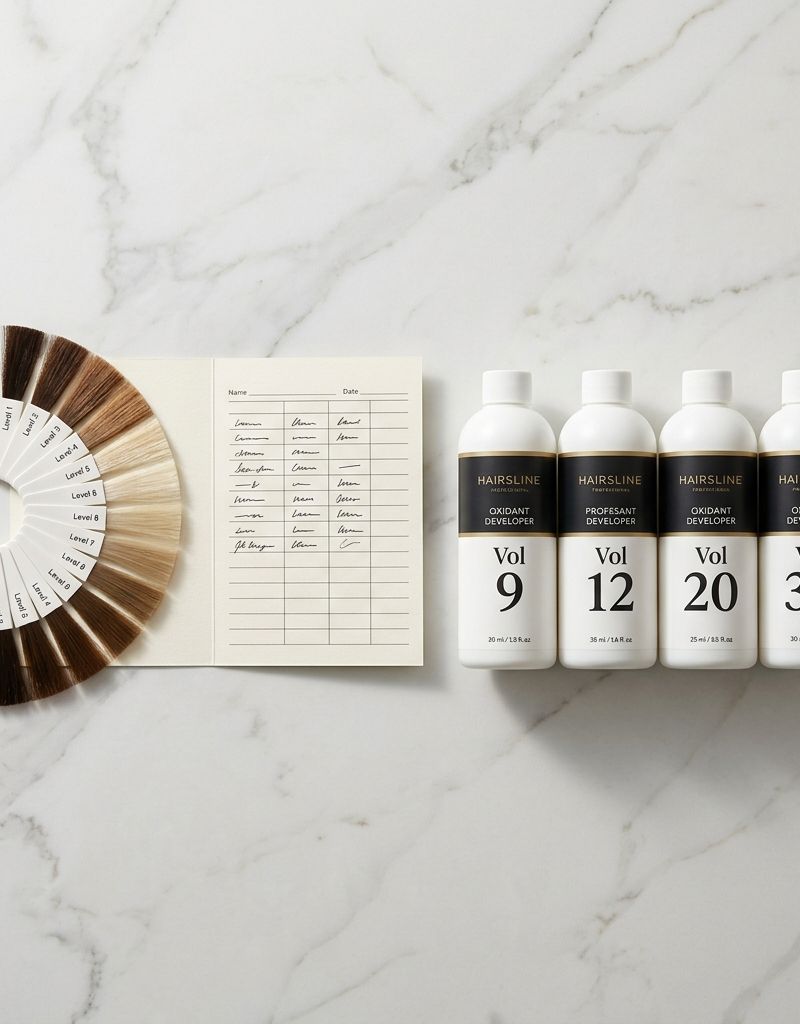 Salon consultation table with level 1 to 10 swatch ring, open client record and 9, 12, 20 and 30 volume developers aligned on light marble surface