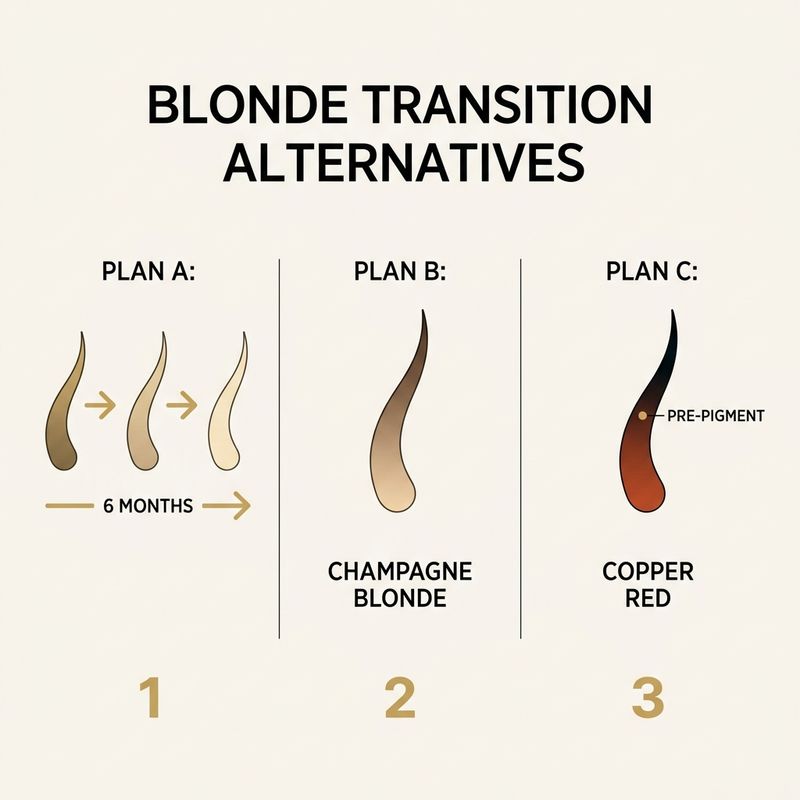 Comparativa visual de tres alternativas de transición rubia: babylights progresivos a seis meses, gloss champagne en sesión única y pre-pigmentación cobre, presentada como esquema gráfico con flechas temporales