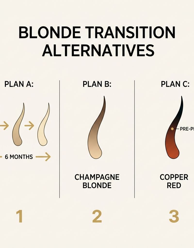 Visual comparison of three blonde transition alternatives: progressive babylights over six months, single-session champagne gloss and copper pre-pigmentation, presented as a graphic scheme with timeline arrows