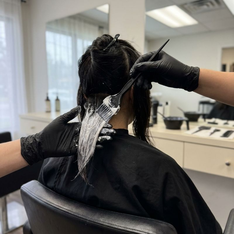 Gloved hands applying bleach with a tint brush at the nape of a client seen from behind, in a real salon