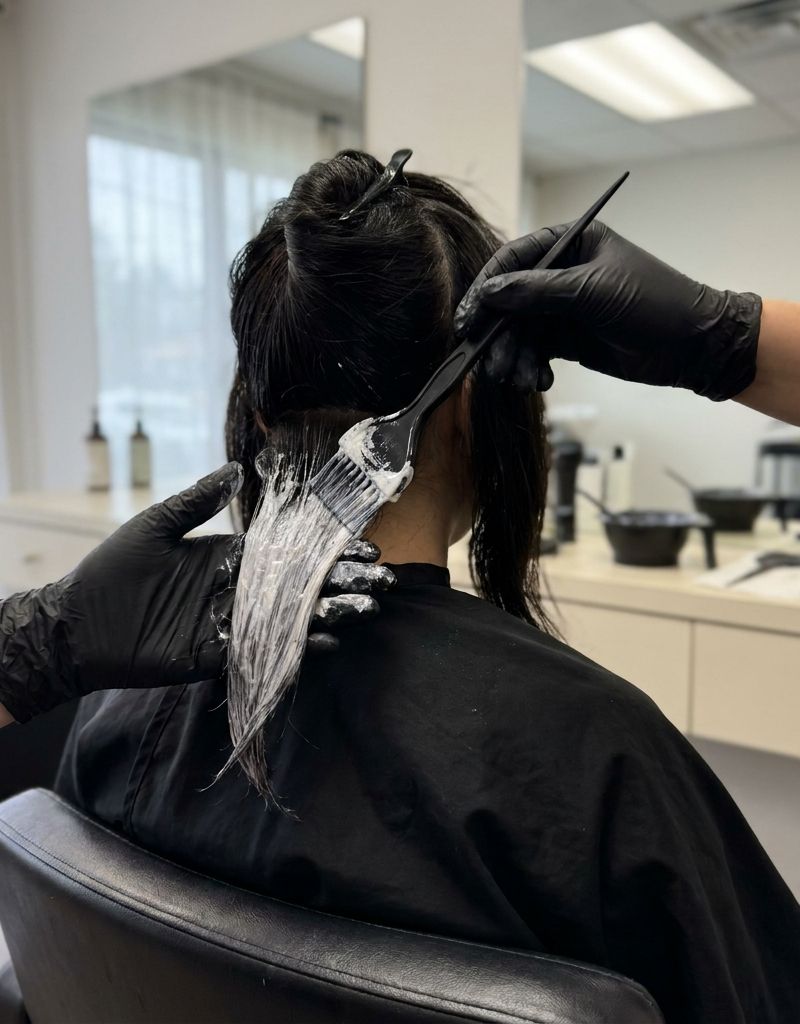 Manos con guantes aplicando decolorante con paletina en la nuca de una clienta vista de espaldas, en plena cabina de peluquería