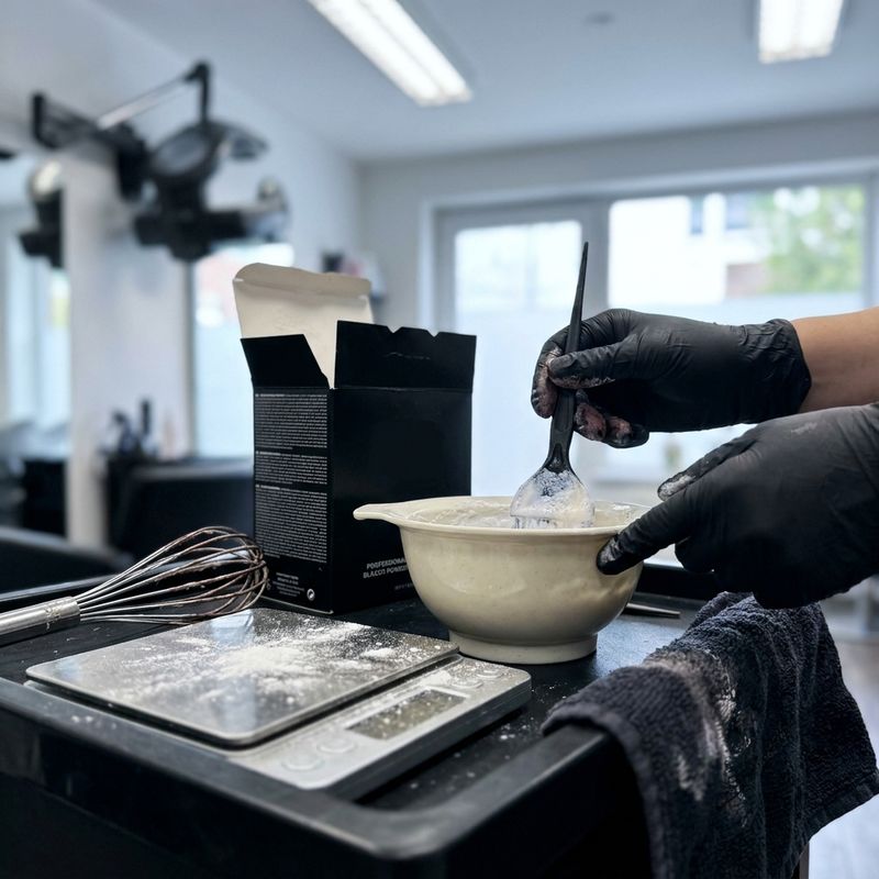 Gloved hands mixing bleach powder with developer in a bowl, next to a precision scale and whisk on a real hair salon workstation