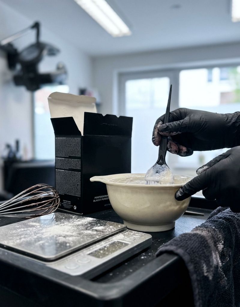 Manos enguantadas mezclando decolorante en polvo con oxidante en un bol, junto a báscula de precisión y batidor en una cabina de peluquería real