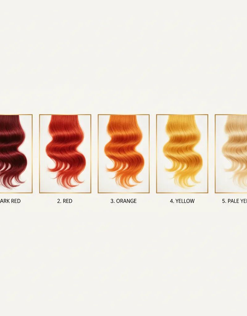 Diagram showing bleaching process stages: dark red, red, orange, yellow and pale yellow with hair samples