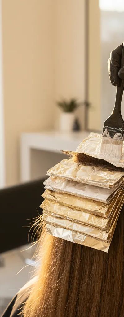 Colorista profesional aplicando decolorante con técnica de papel de aluminio en salón moderno