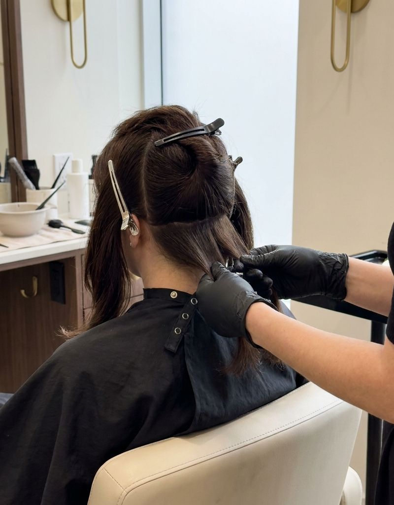 Colorista seccionando el cabello de una clienta de espaldas con pinzas, preparando cuadrantes limpios antes de aplicar el decolorante en cabina