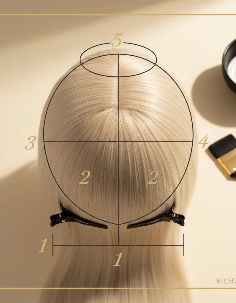 Top-down view of head showing 4-quadrant sectioning technique for bleach application