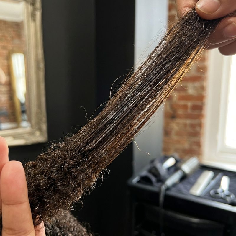 Backlit cross-section of curly hair against a dark background, showing the shine difference between chemically treated length and virgin curly root