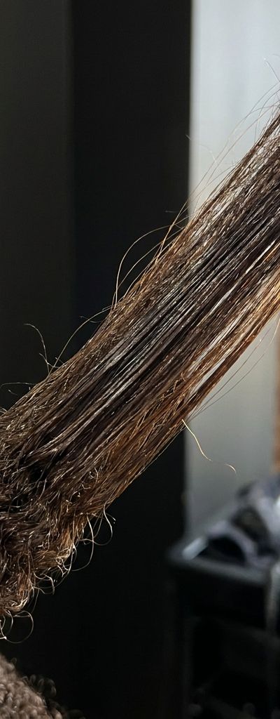 Sección de cabello rizado abierta a contraluz sobre fondo oscuro, mostrando la diferencia de brillo entre el largo tratado y la raíz de rizo virgen