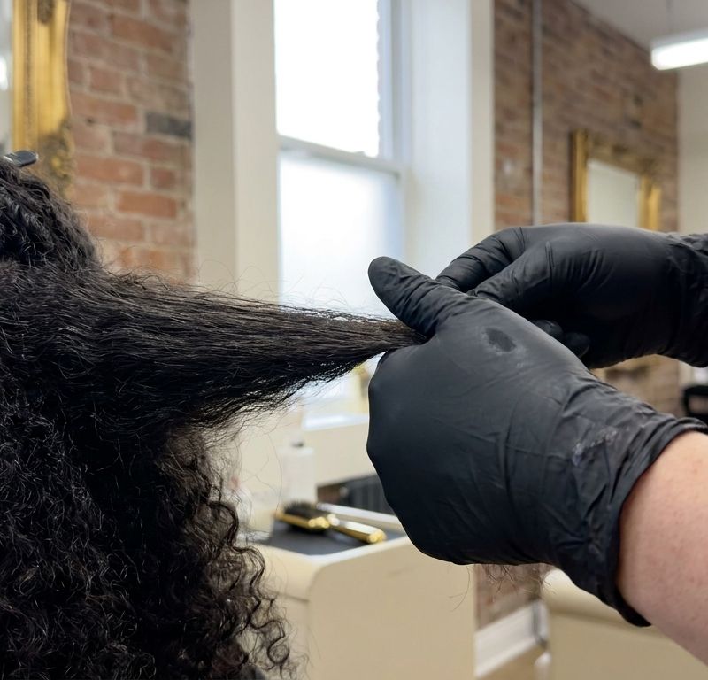 Manos con guantes abriendo una sección de cabello rizado en seco a contraluz para valorar el brillo desigual del largo antes de decolorar