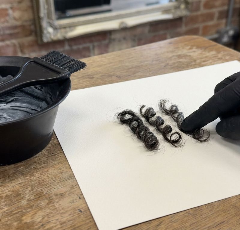 Mano enguantada colocando varios mechones de cabello rizado de distintas zonas sobre papel blanco para un test de mecha, junto a un bol con restos de decolorante y una brocha