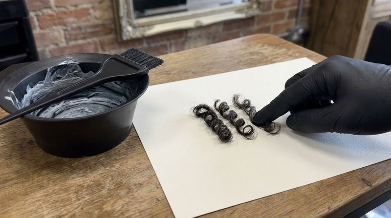 Gloved hand laying several curly hair strands from different zones on white paper for a strand test, next to a bowl of leftover lightener and a tint brush