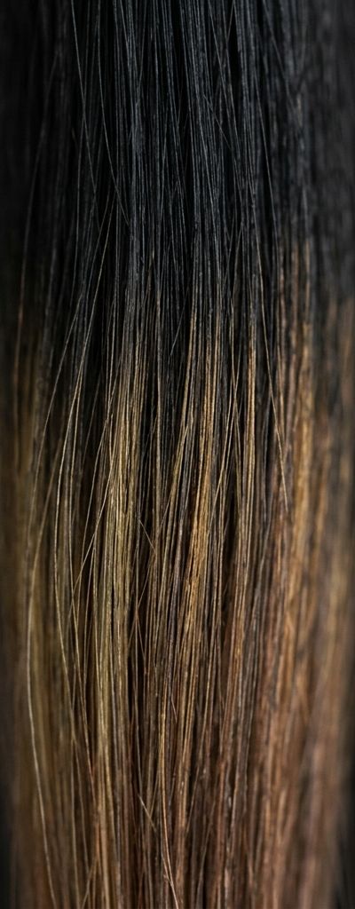 Hair cross-section on a black background showing the warm underlying pigment that surfaces by zone when lifting an accumulated box-dye black, in a gold and copper palette