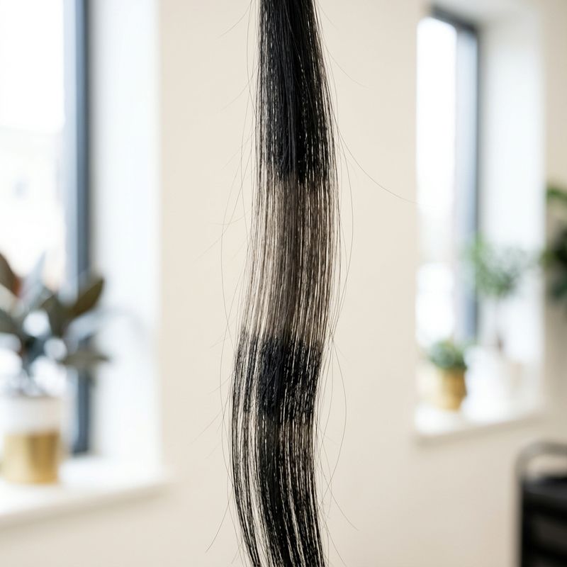 Mechón de cabello a contraluz mostrando bandas de color más densas hacia el largo, señal de depósito acumulado desigual por zona