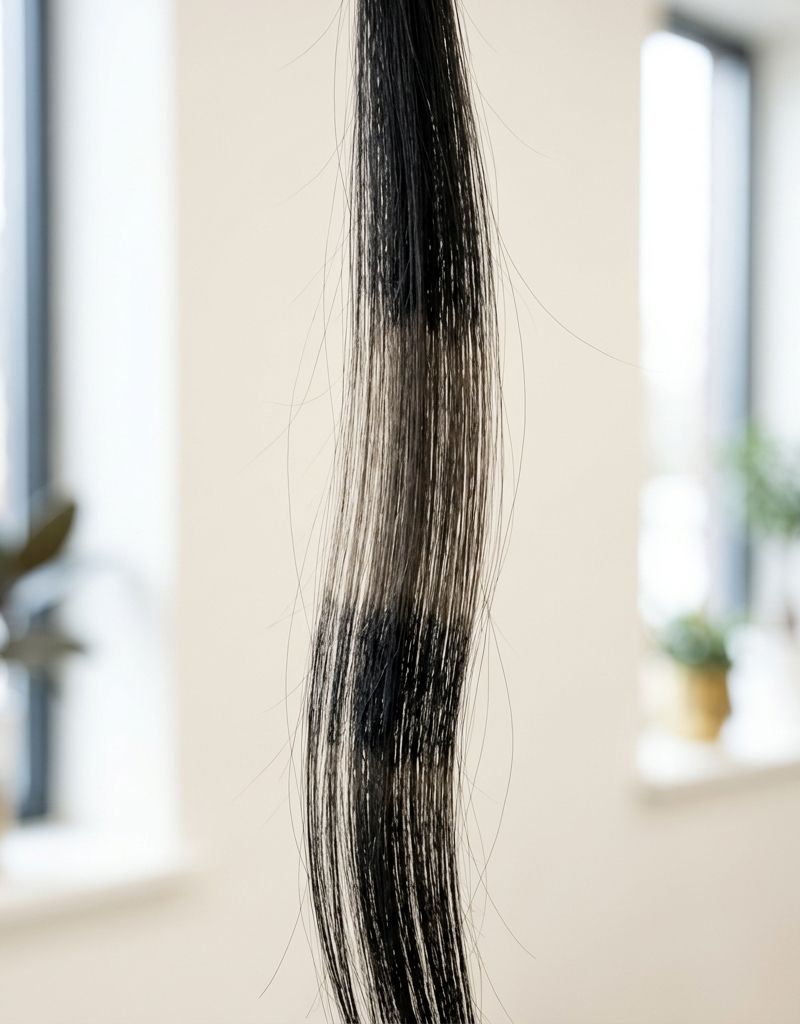 Strand of hair held to backlight showing denser color bands toward the length, a sign of uneven accumulated deposit by zone