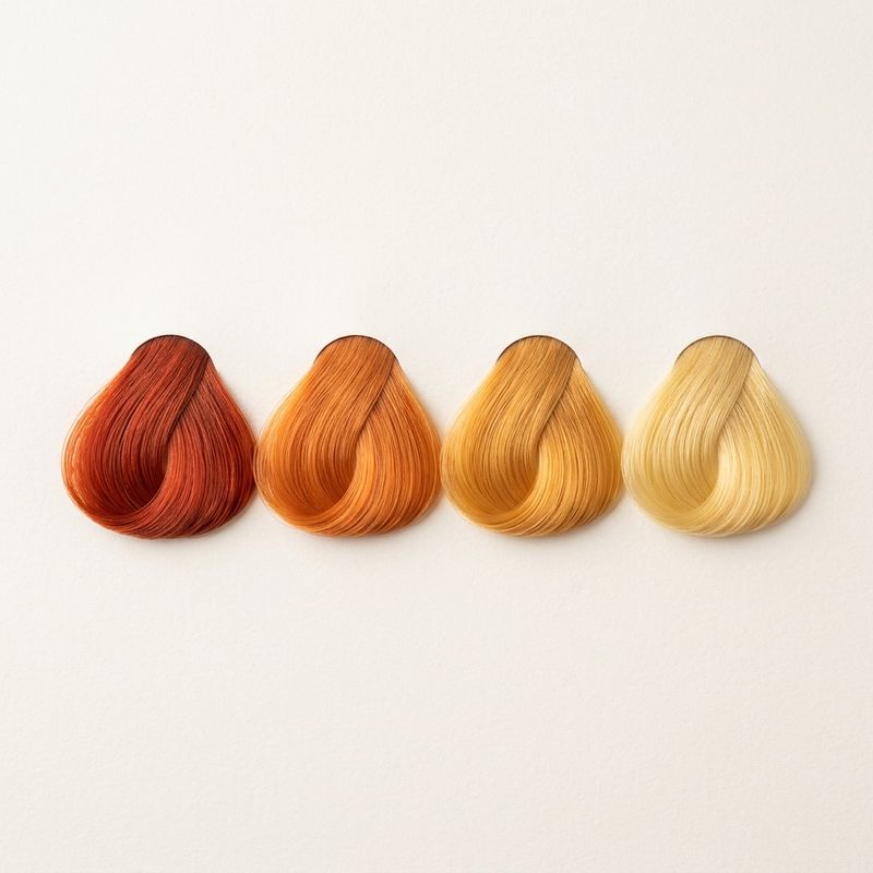 Cuatro mechas de cabello en gradiente de subyacente cálido: rojo-cobre, naranja, dorado y amarillo pálido, la progresión que aflora al aclarar por niveles
