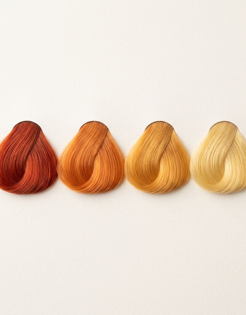 Four hair swatches in a warm underlying-pigment gradient: red-copper, orange, gold and pale yellow, the progression that surfaces as you lift by level