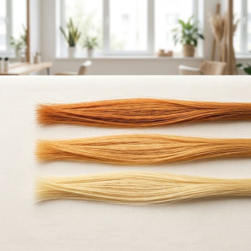 Tres mechas de cabello aclaradas a niveles distintos, cobre, naranja dorado y amarillo claro: en un negro de caja la raíz suele llegar al más claro y las puntas cargadas se quedan en el cobre