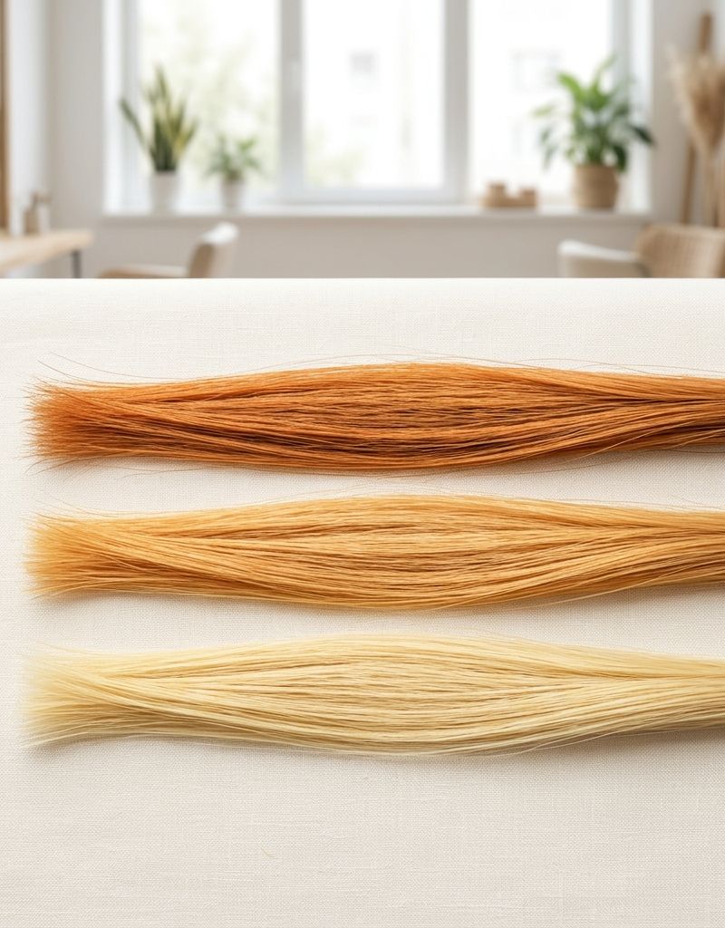 Three hair strands lifted to different levels —copper, orange-gold and light yellow— representing the root, mids and ends of a box-dye black