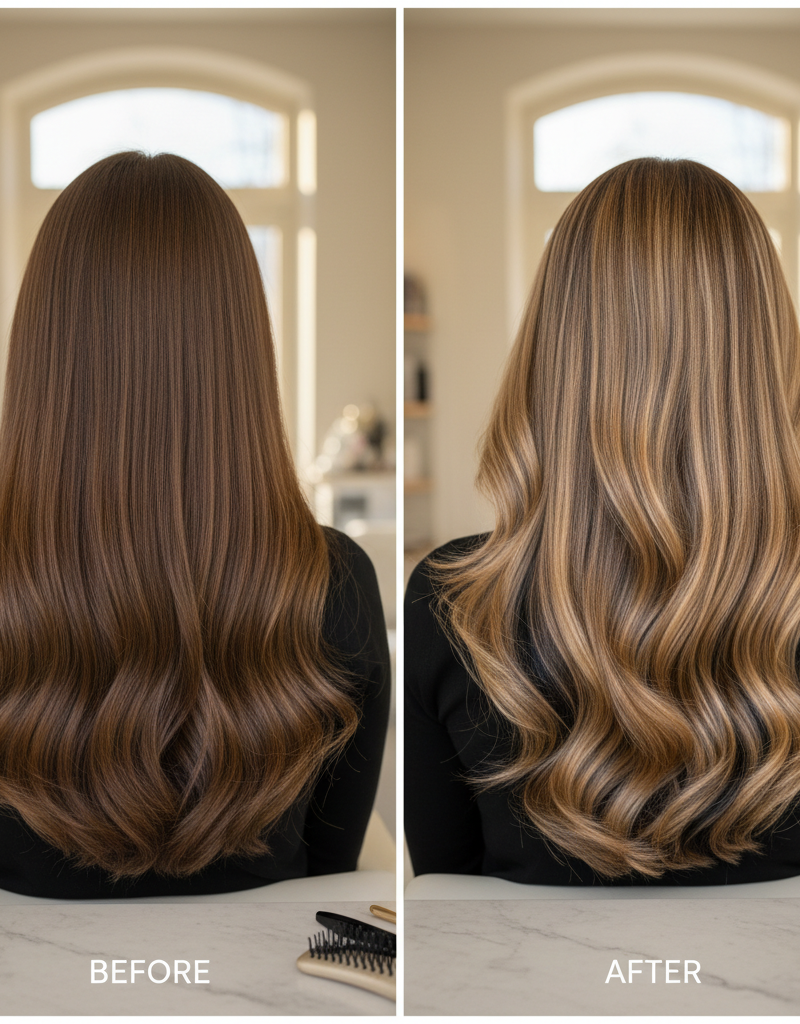 Resultado de cabello con highlights y lowlights combinados mostrando dimensión perfecta