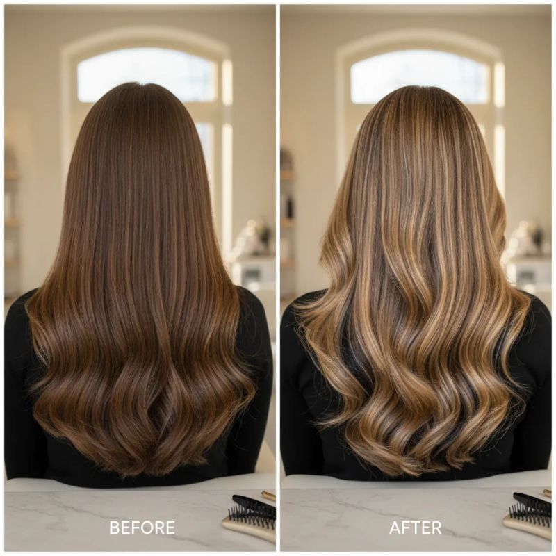 Resultado de cabelo com highlights e lowlights combinados mostrando dimensão perfeita