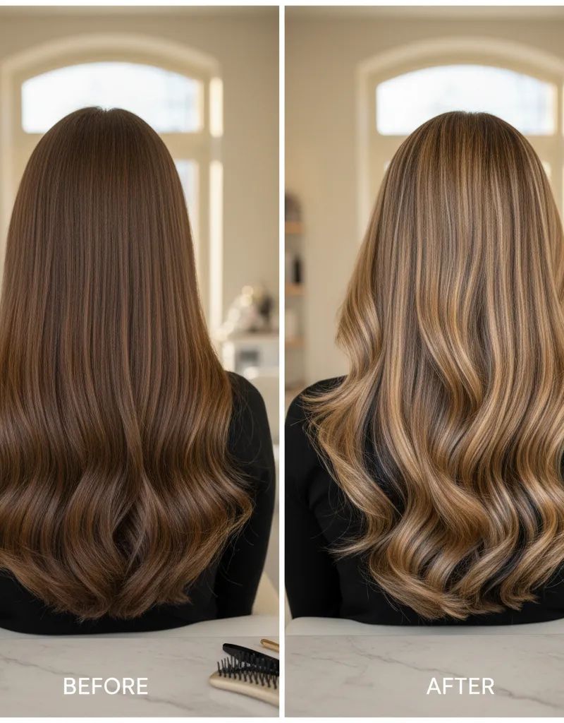 Hair result with combined highlights and lowlights showing perfect dimension