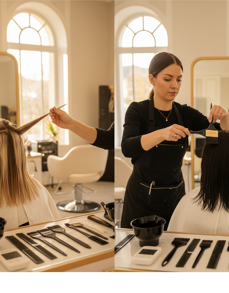 Colorista profesional demostrando técnicas de highlights y lowlights en salón moderno