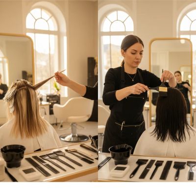 Colorista profissional demonstrando técnicas de highlights e lowlights em salão moderno