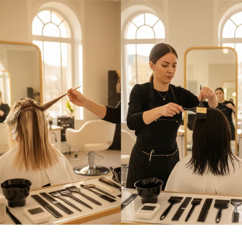 Colorista profissional demonstrando técnicas de highlights e lowlights em salão moderno