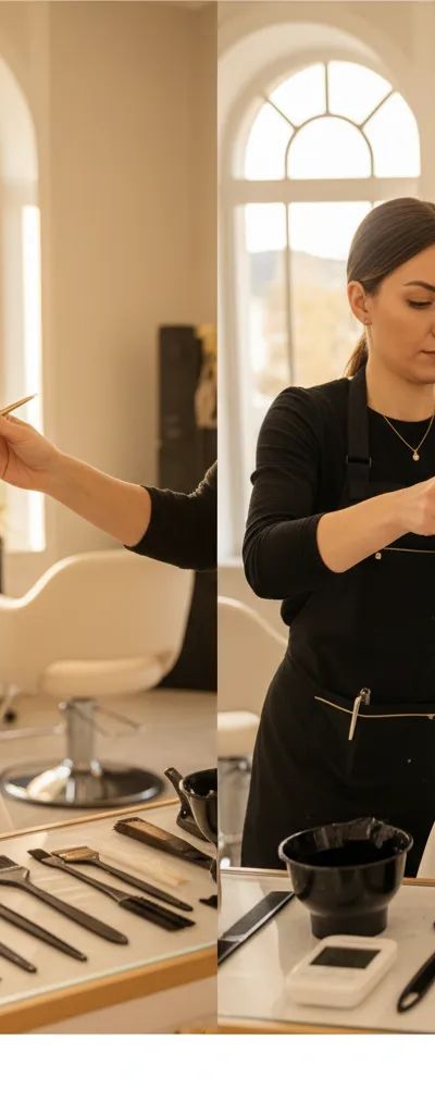 Colorista profesional demostrando técnicas de highlights y lowlights en salón moderno