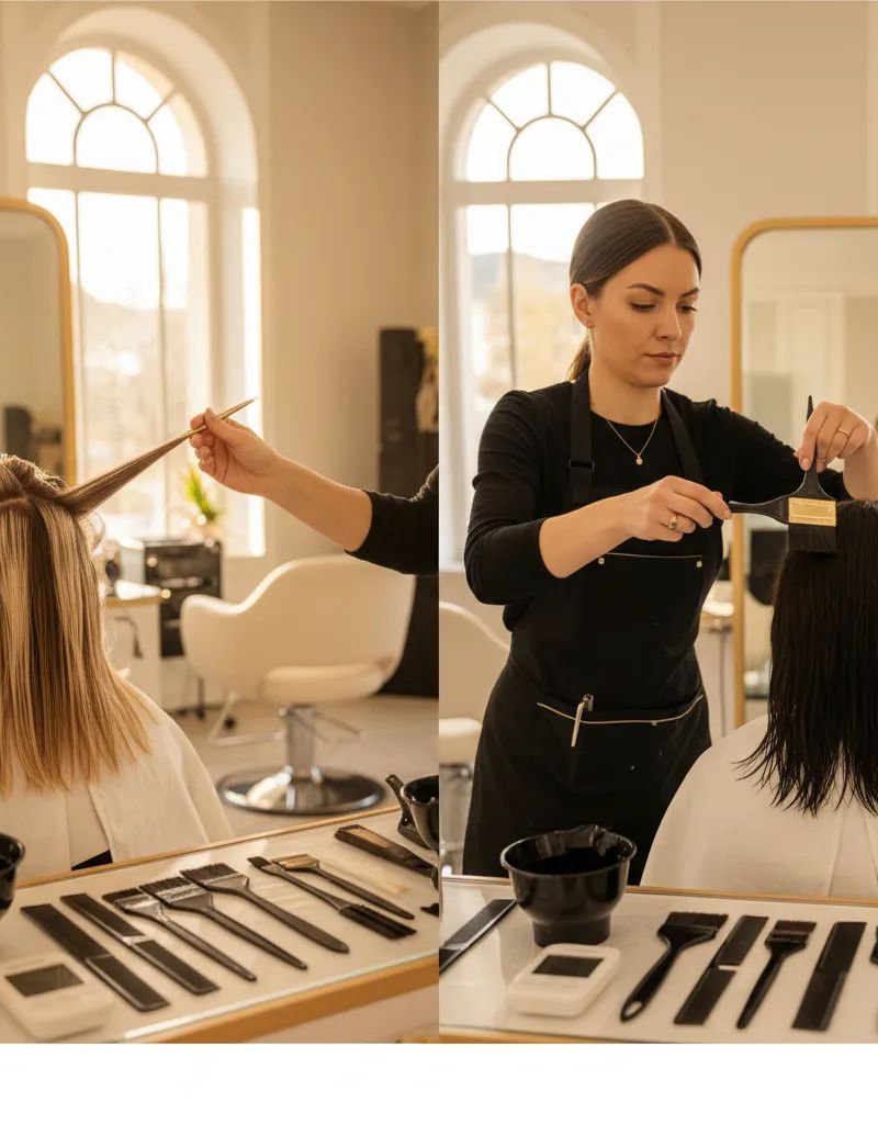 Professional colorist demonstrating highlights and lowlights techniques in modern salon