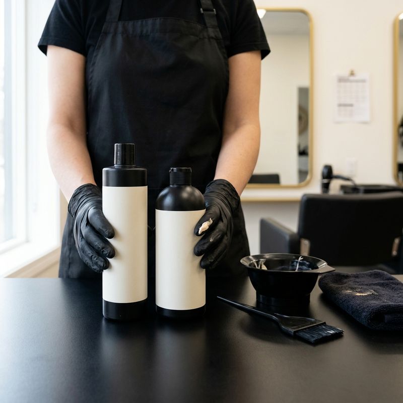 Dos manos con guantes negros sostienen cada una un bote de oxidante distinto, con las etiquetas en blanco, sobre una encimera negra de salón junto a un bol de mezcla y una paletina