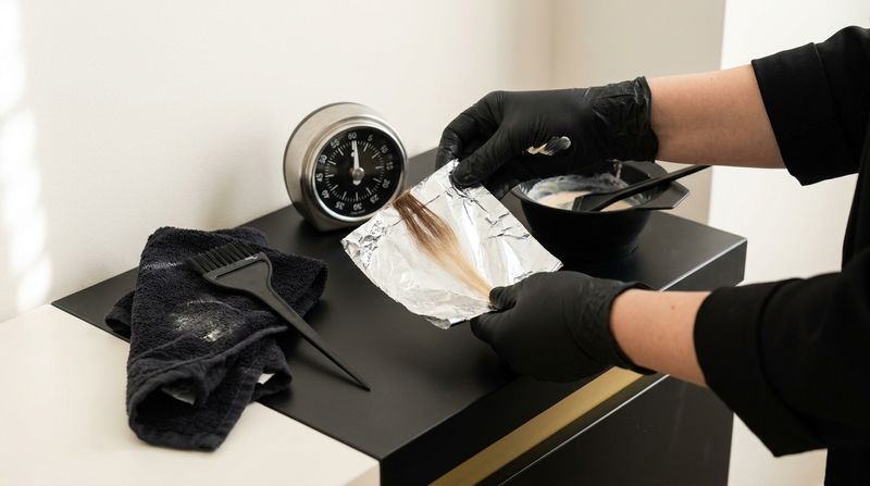 Un par de manos con guantes negros desdobla un paquete de papel de aluminio con un mechón de prueba aclarado en la punta, junto a un temporizador analógico y un bol de mezcla