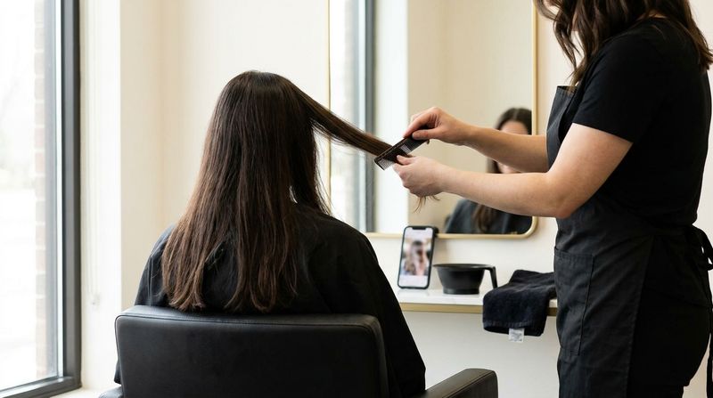 Una persona sentada de espaldas en un sillón de salón con capa negra mientras quien le atiende levanta una sección de su pelo con un peine, con un móvil apoyado en la encimera frente al espejo