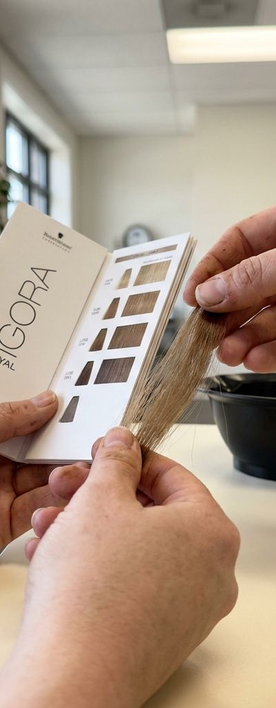 Manos de una persona profesional del color sosteniendo un folleto de la carta IGORA junto a un mechón de pelo, comparando el reflejo junto a un bol de mezcla en el mostrador del salón