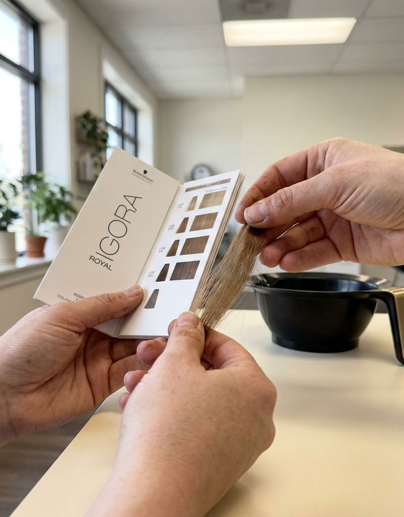 Manos de una persona profesional del color sosteniendo un folleto de la carta IGORA junto a un mechón de pelo, comparando el reflejo junto a un bol de mezcla en el mostrador del salón