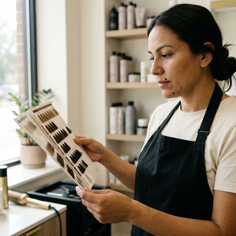 Professional colorist comparing two hair color swatch charts in a salon, with product shelves in the background