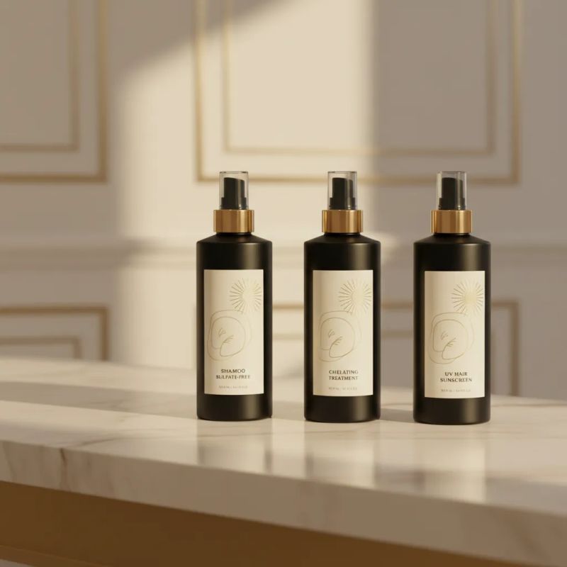 Produtos profissionais para manter a cor: shampoo sem sulfatos, proteção térmica, tratamento quelante e protetor solar capilar