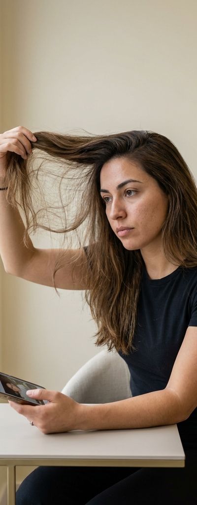 Pessoa segurando uma mecha do próprio cabelo sob luz de janela para comparar o tom com uma foto no celular