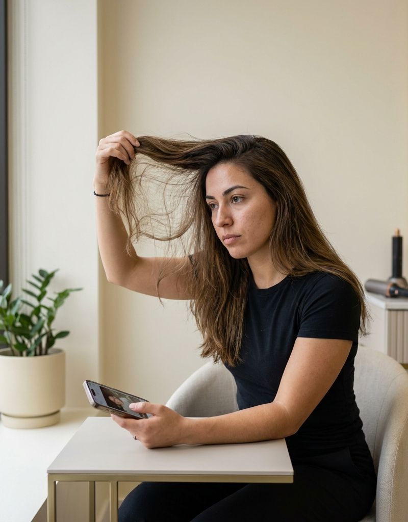 Person holding a section of their own hair up to window light to compare it against a photo on their phone