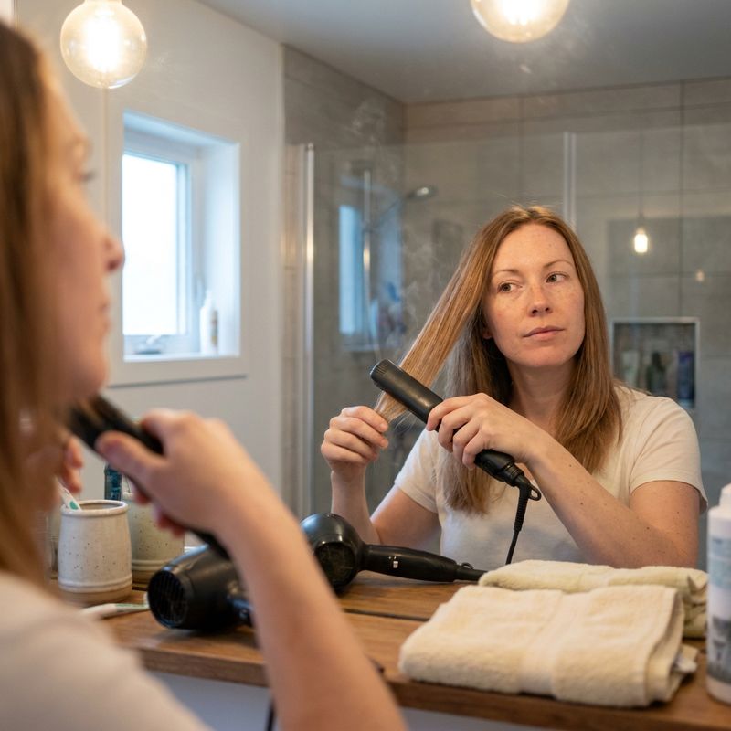 Persona usando una plancha de pelo frente al espejo del baño de casa, con un secador y una toalla sobre la encimera