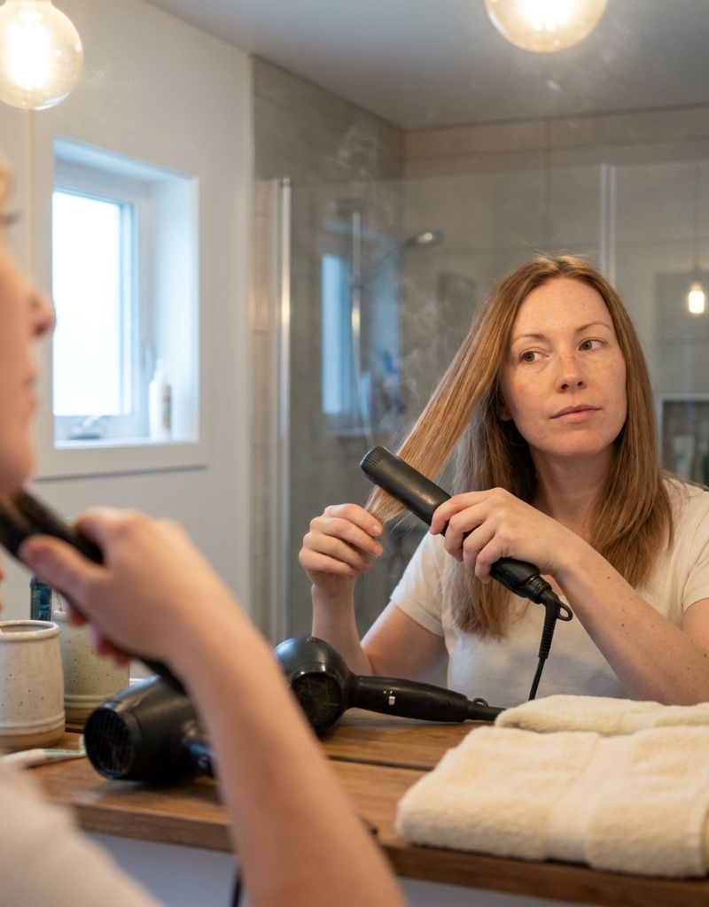 Person using a flat iron in front of a bathroom mirror at home, with a hair dryer and a towel on the counter