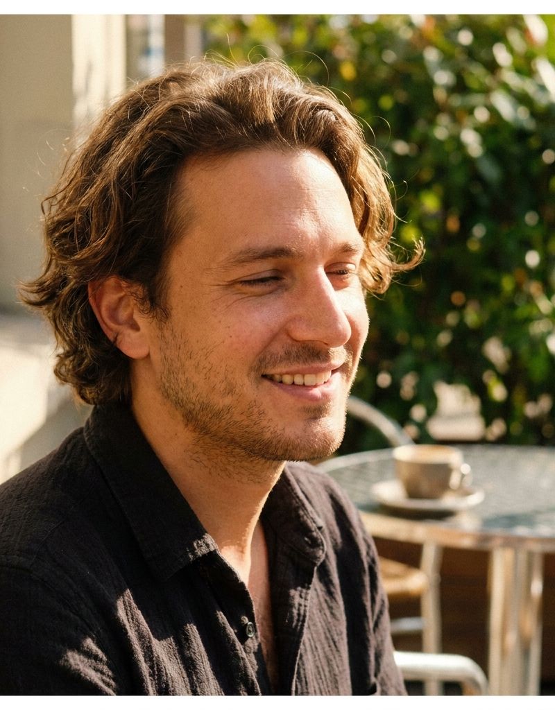 Person sitting outdoors on a terrace, hair down, catching direct sunlight from the side
