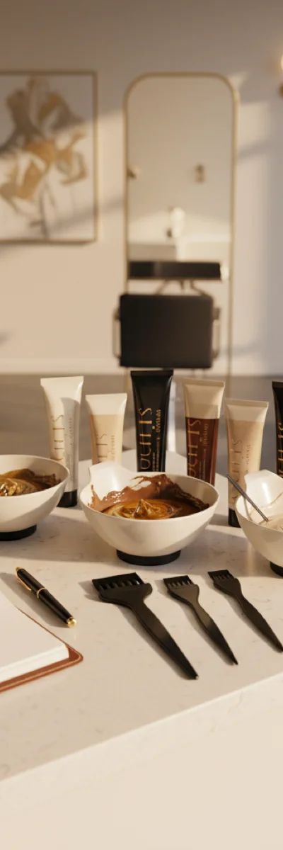 Colorista profesional pesando tinte en báscula de precisión