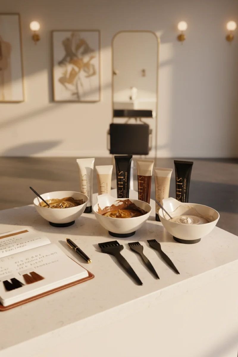 Colorista profesional pesando tinte en báscula de precisión