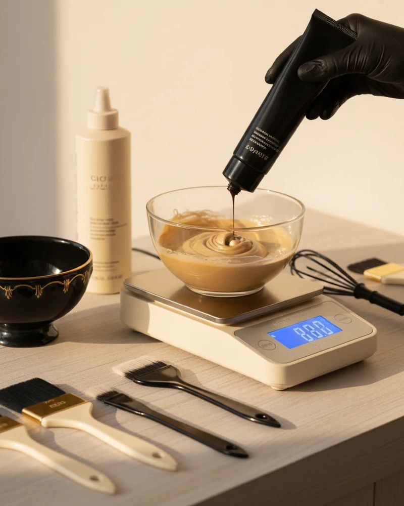 Báscula de precisión pesando productos de color